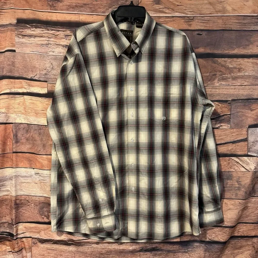 Roper Shirt Men Large L Grey Plaid Long Sleeve Button Up Cotton Western Contrast